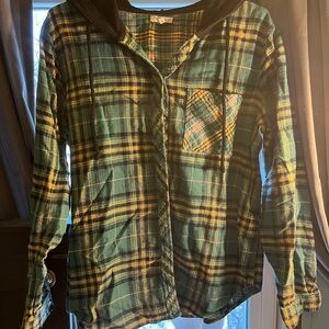 Maurices Teal and Mustard Plaid Hooded Shirt
